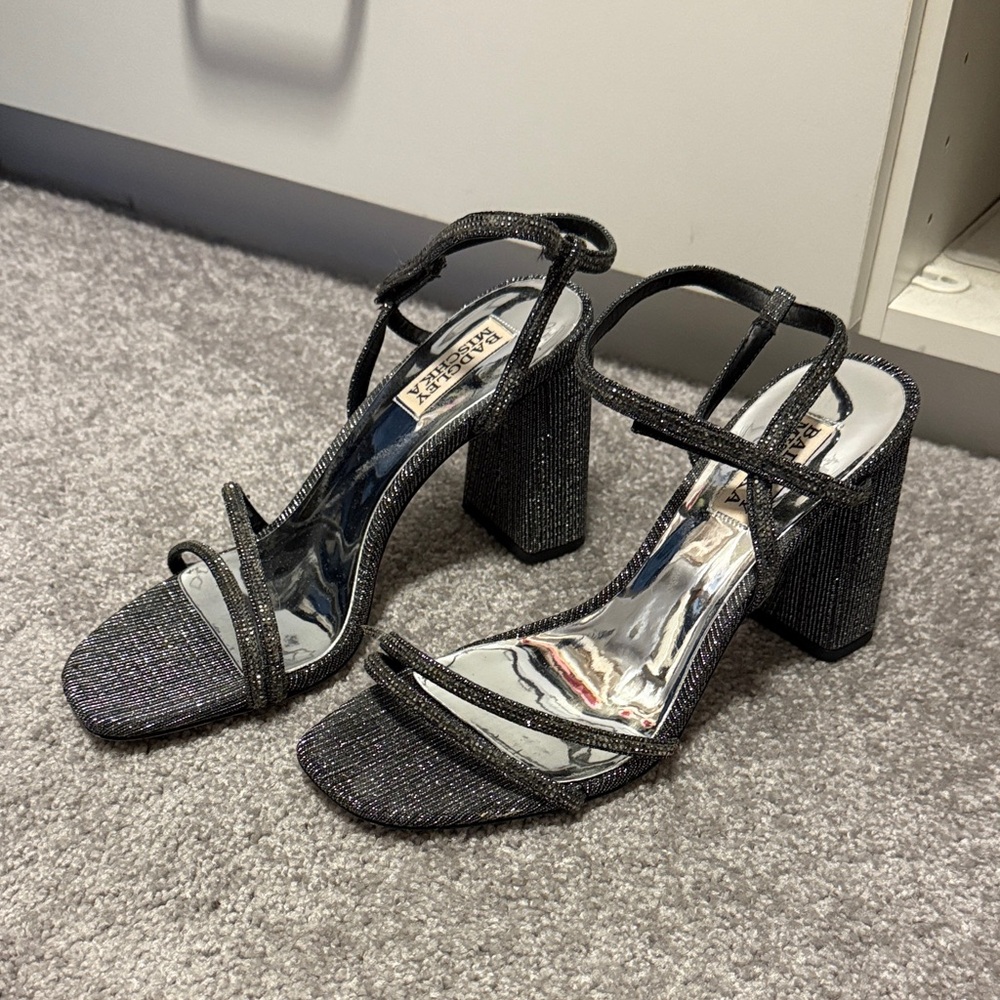 Badgley Mischka Navy Shimmer Block Heels with Strappy Design